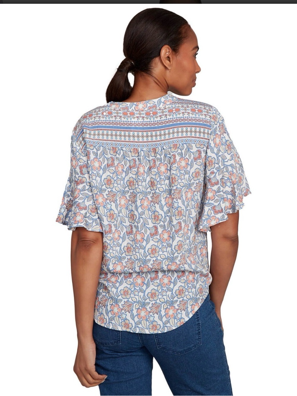 Ruby Rd. Women's Vintage Floral Tie Front Henley Tee in Blues/Orange (Size L) - Picture 2 of 11